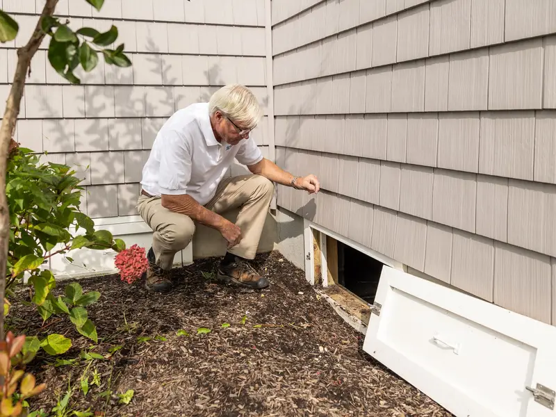 HVAC technician inspecting ducts in a crawl space