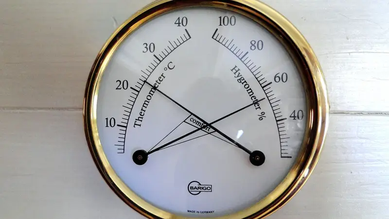 Indoor hygrometer dial showing temperature and humidity