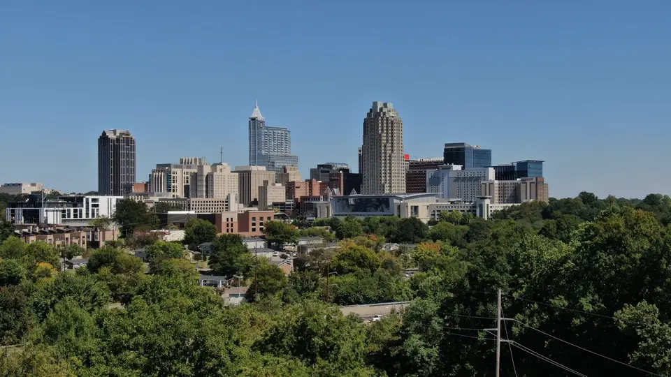Tree-lined Raleigh neighborhood with the downtown skyline in the distance
