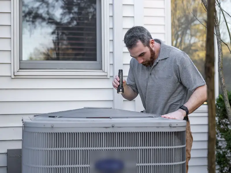 HVAC technician testing an outdoor AC unit with gauges